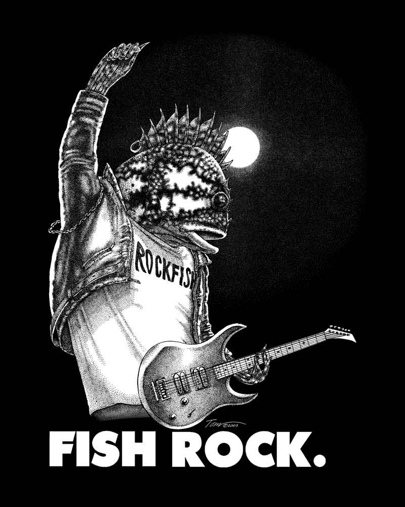 Fish Rock. Rockfish playing guitar with raised arm