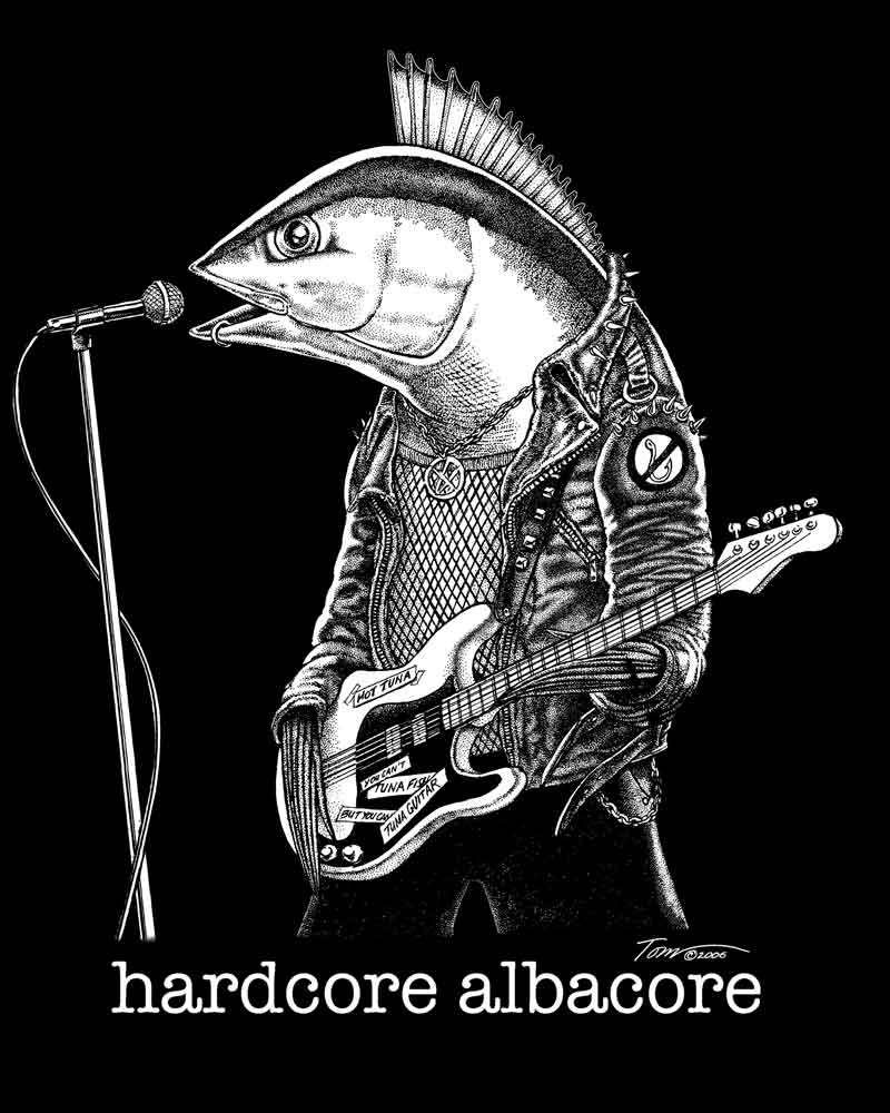 Hardcore Albacore. Albacore tuna fish with guitar wearing leather jacket singing at a microphone