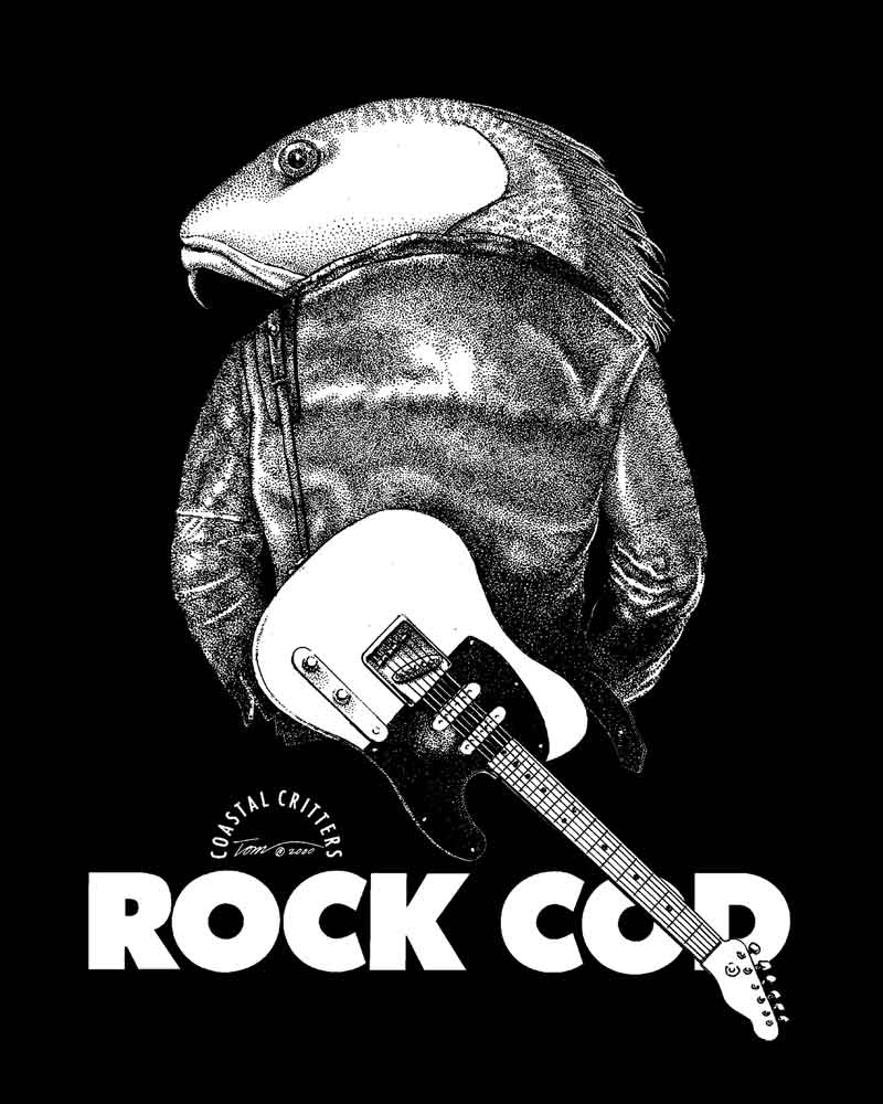 Rock Cod. Back of rock cod in leather jacket with guitar slung over his back