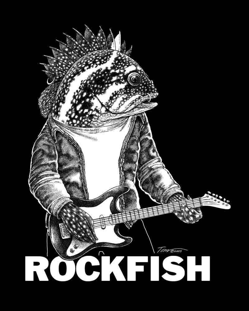 Rockfish in leather jacket playing guitar