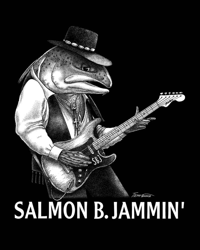 Salmon B. Jammin. Salmon drawn like Stevie Ray Vaughn, playing guitar