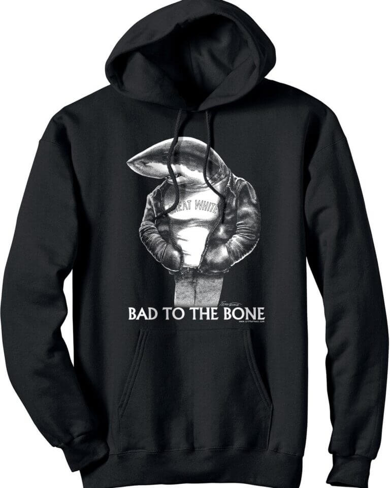 Black hooded sweatshirt with a great white shark wearing a leather jacket with the caption, "Bad to the Bone"