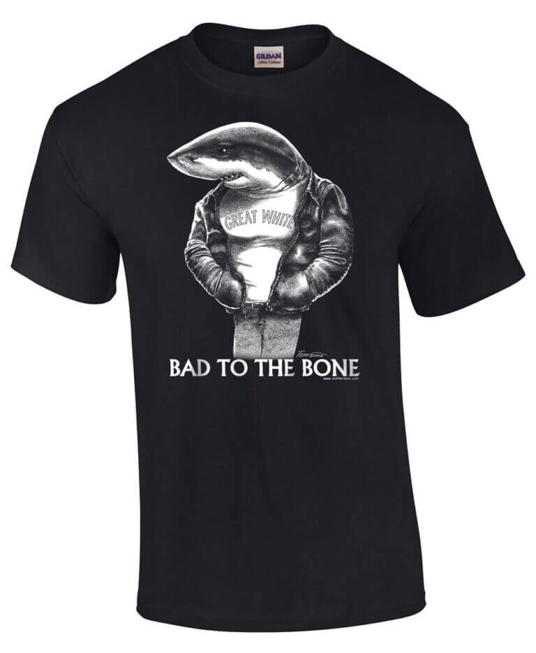 Black t-shirt with a great white shark wearing a leather jacket with the caption, "Bad to the Bone"