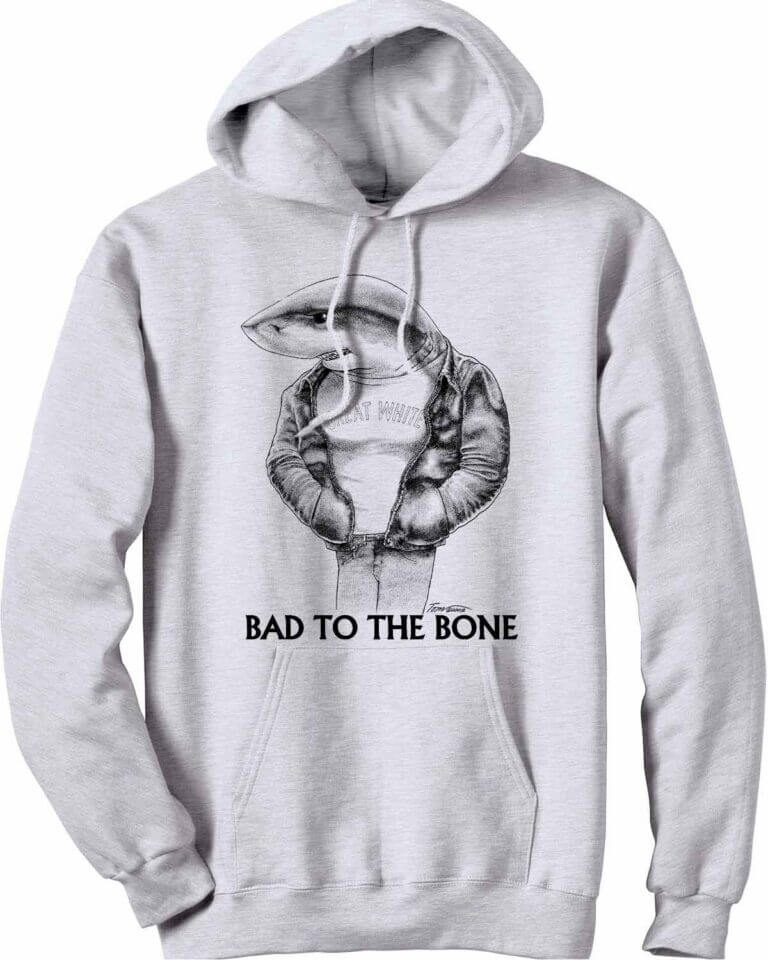 Grey hooded sweatshirt with a great white shark wearing a leather jacket with the caption, "Bad to the Bone"