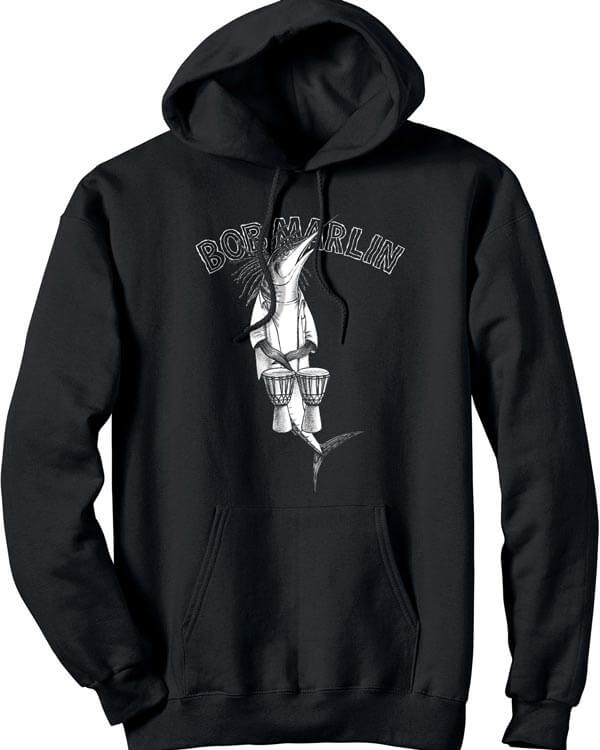 black hooded sweatshirt with a swordfish playing bongos,