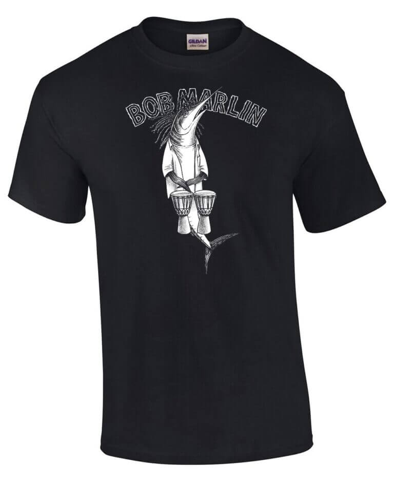 black t-shirt with a Marlin playing bongos, Captions reads, "Bob Marlin"