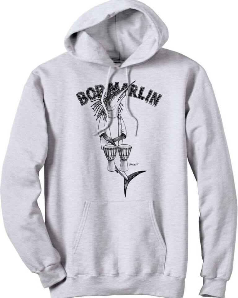 Grey hooded sweatshirt with a swordfish playing bongos,