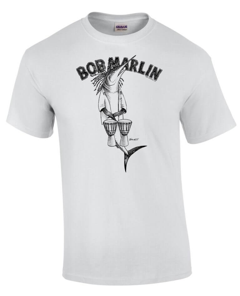 white t-shirt with a swordfish playing bongos