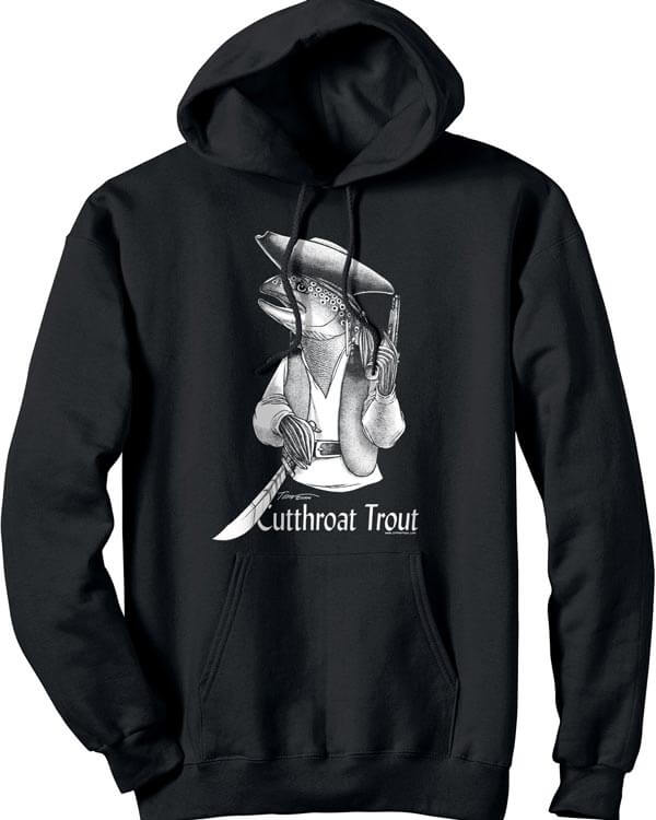 Black hooded sweatshirt with image of a cutthroat trout looking like Jack Sparrow