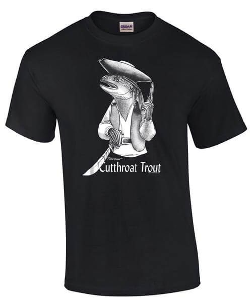 Black t-shirt with image of a cutthroat trout looking like Jack Sparrow