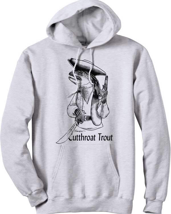 Grey hooded sweatshirt with image of a cutthroat trout looking like Jack Sparrow