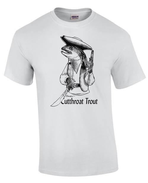 White tshirt with image of a cutthroat trout looking like Jack Sparrow