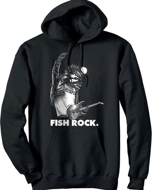 Black Sweatshirt with image of a rockfish playing guitar