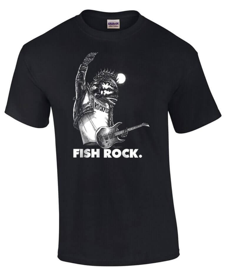 Black tshirt with image of a rockfish playing guitar