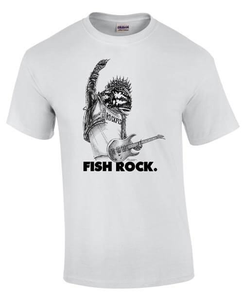 Tshirt with image of a rockfish playing guitar