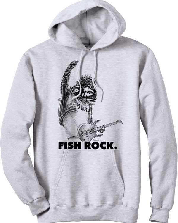 Grey hooded sweatshirt with image of a rockfish playing guitar