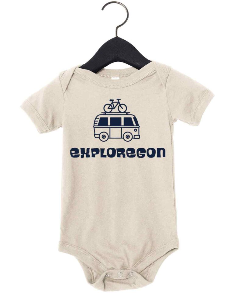 Baby natural onesie with exploregon bus with bicycle