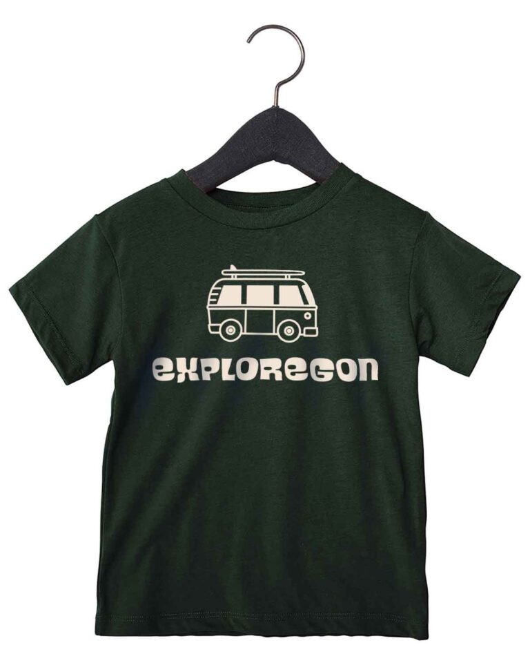 Toddler dark green t-shirt with exploregon bus with surfboard