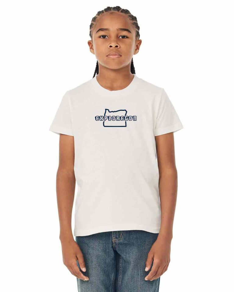 youth size t-shirt with the state of Oregon outline with Exploregon written in a stylized font