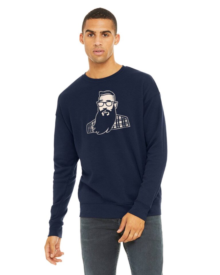 Long sleeved crew neck t-shirt with bearded man wearing glasses and a plaid shirt