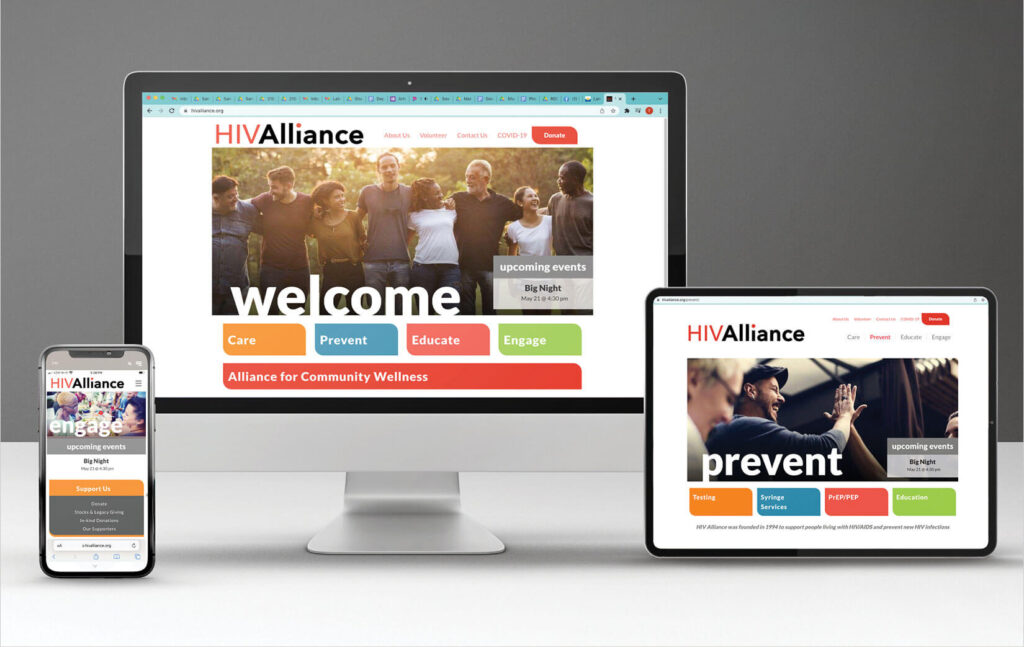 Mock up of desktop, tablet and iphone for HIV Alliance in Eugene, OR