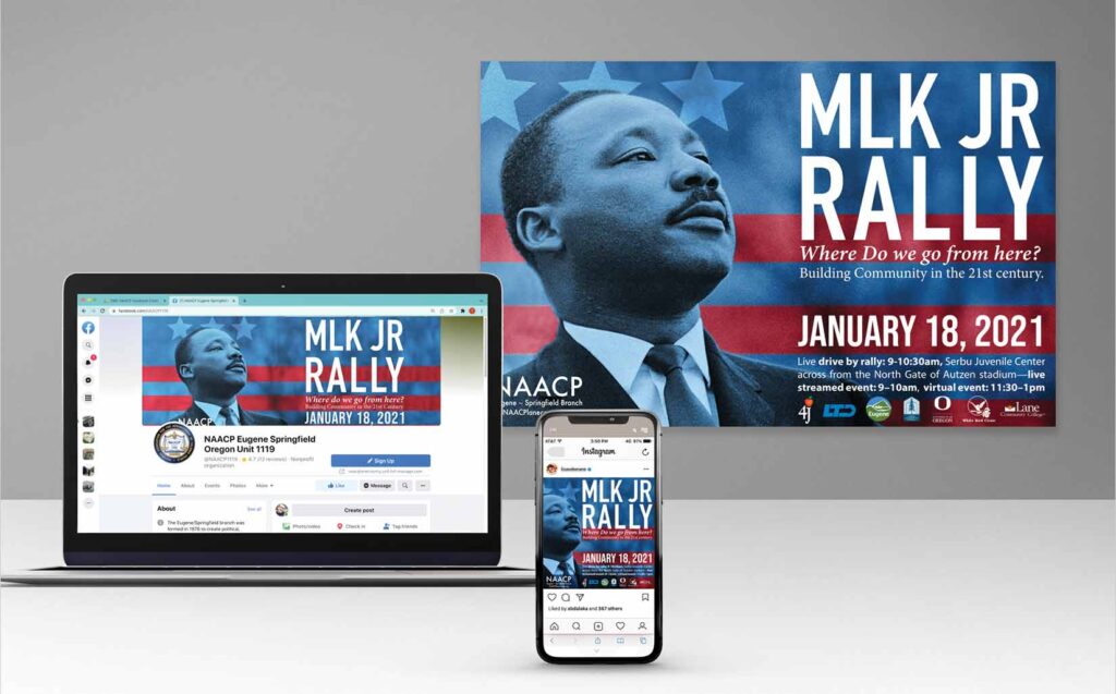 mockup of laptop, Iphone and poster for the 2021 Martin Luther King Jr. rally for social media advertising