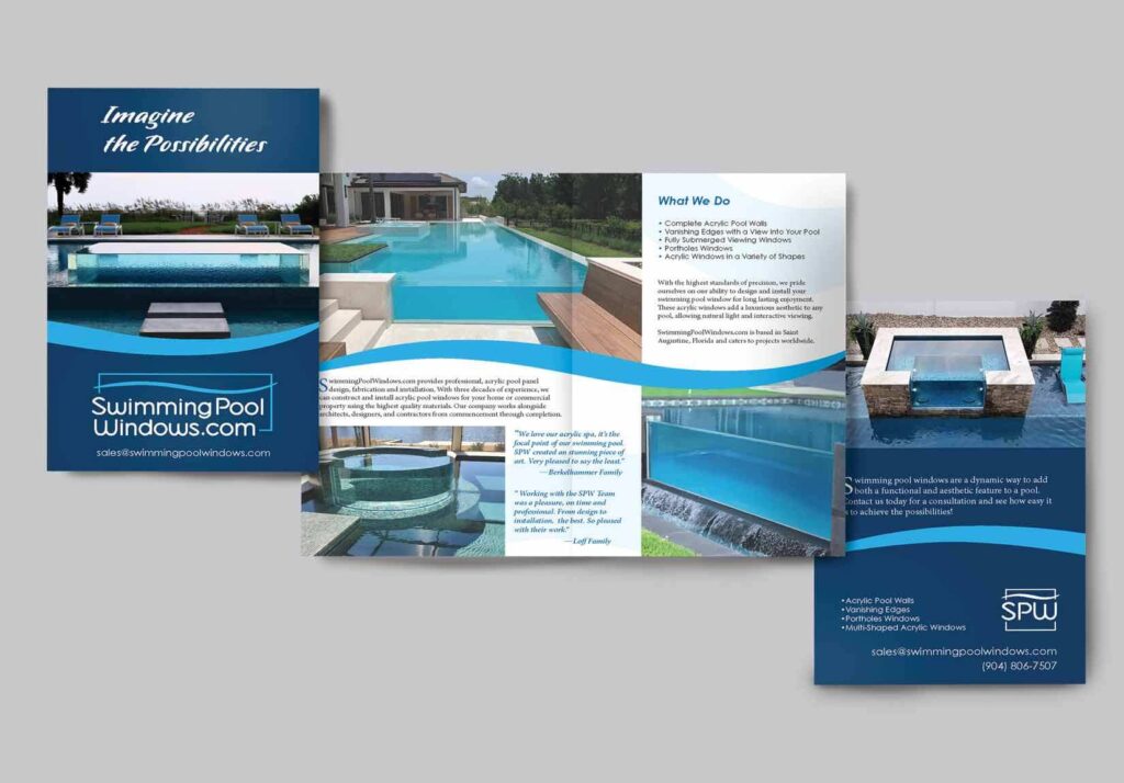 3 images of the finished brochure for Swimming Pool Windows dot com