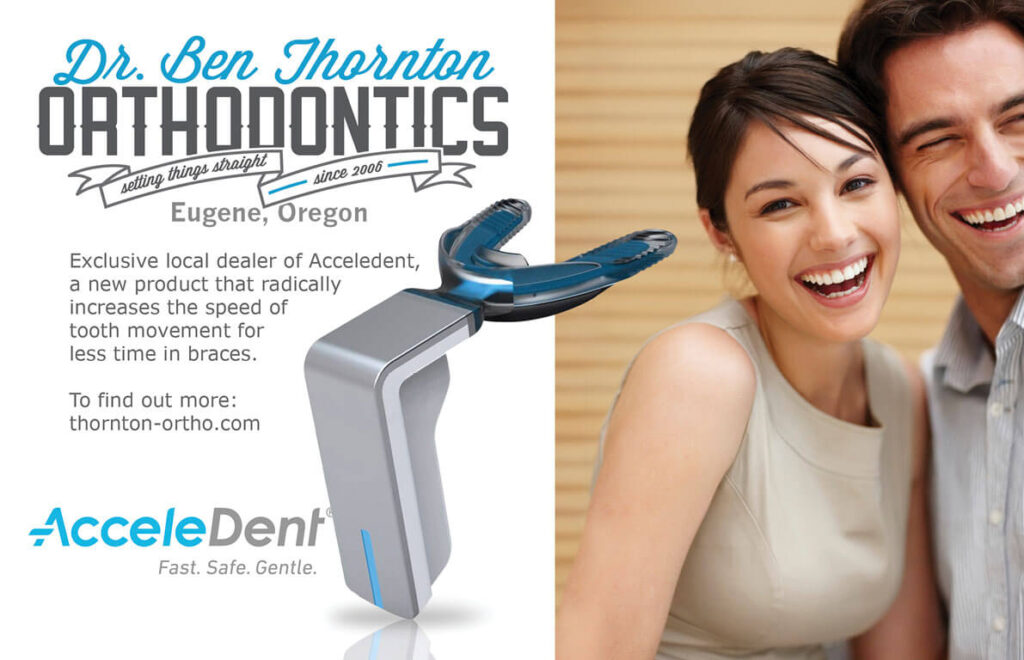 Example of print/digital advertising Image of dental equipment, Thorton Orthodontics logo, and two smiling people with perfect teeth