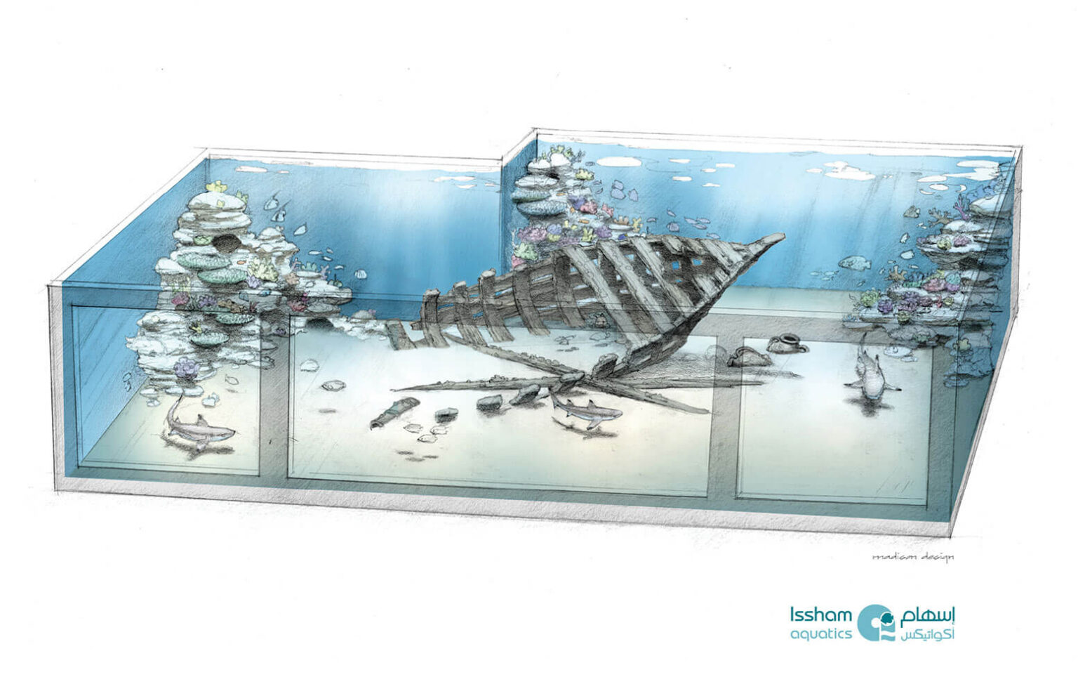 artist's render of a proposed aquarium containing a shipwreck