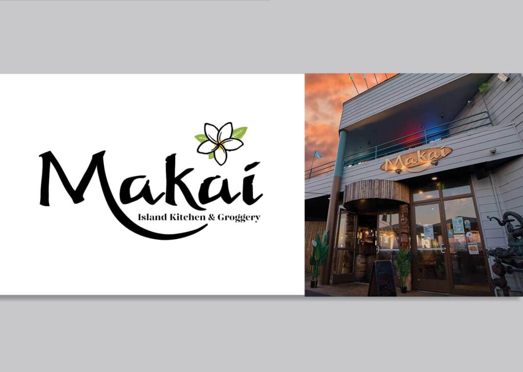 Side by side photos of the vector Makai logo and the front entrance of the restaurant in Santa Cruz