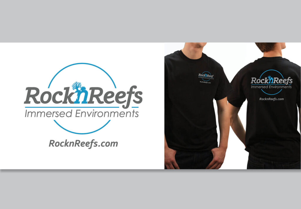 Side by side photos of the vector logo and a man wearing a T-shirt with the Rock n Reef logo