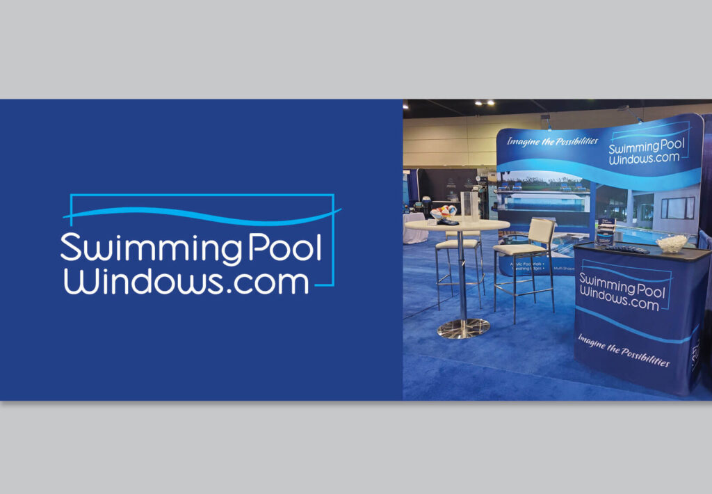 Side by side photos of the vector logo and an trade show booth for Swimming Pool Windows dot com