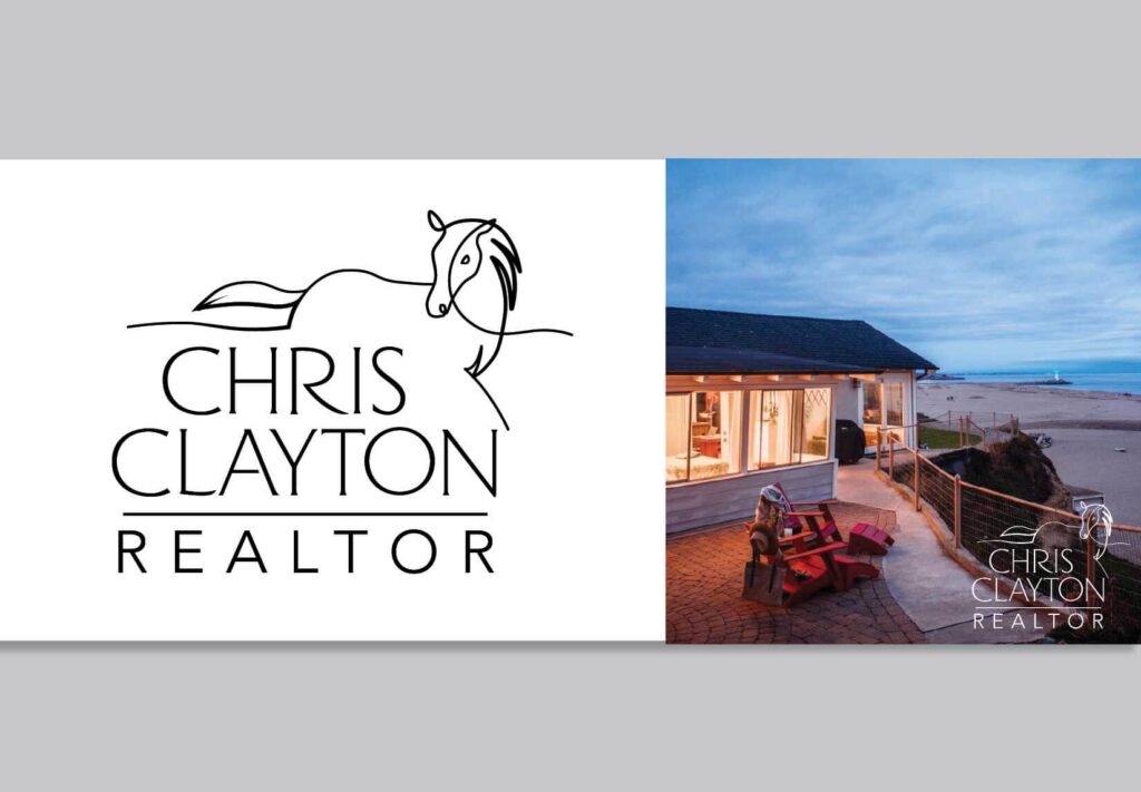 Side by side photos of the vector logo and a house advertisement with the Chris Clayton realtor logo