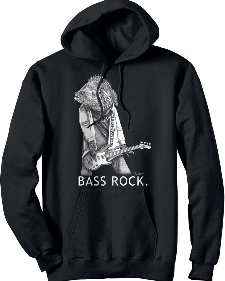 Black hooded sweatshirt with fish playing bass guitar. Caption: Bass Rock