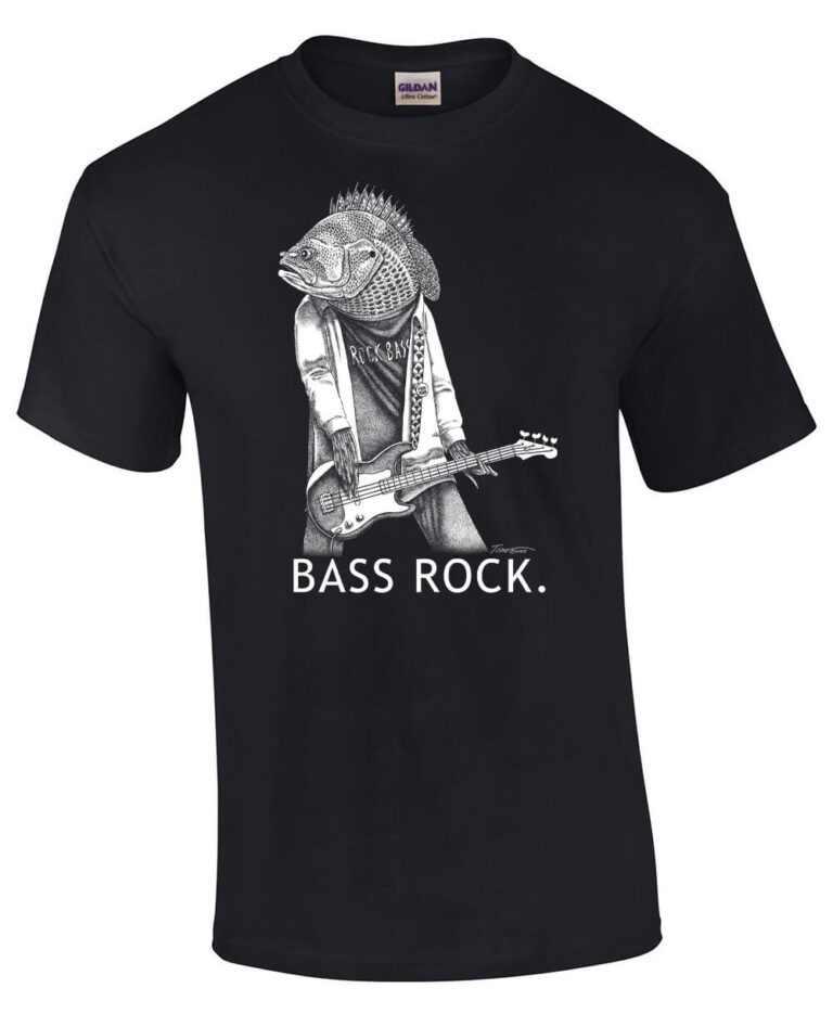 Black t-shirt with fish playing bass guitar. Caption: Bass Rock