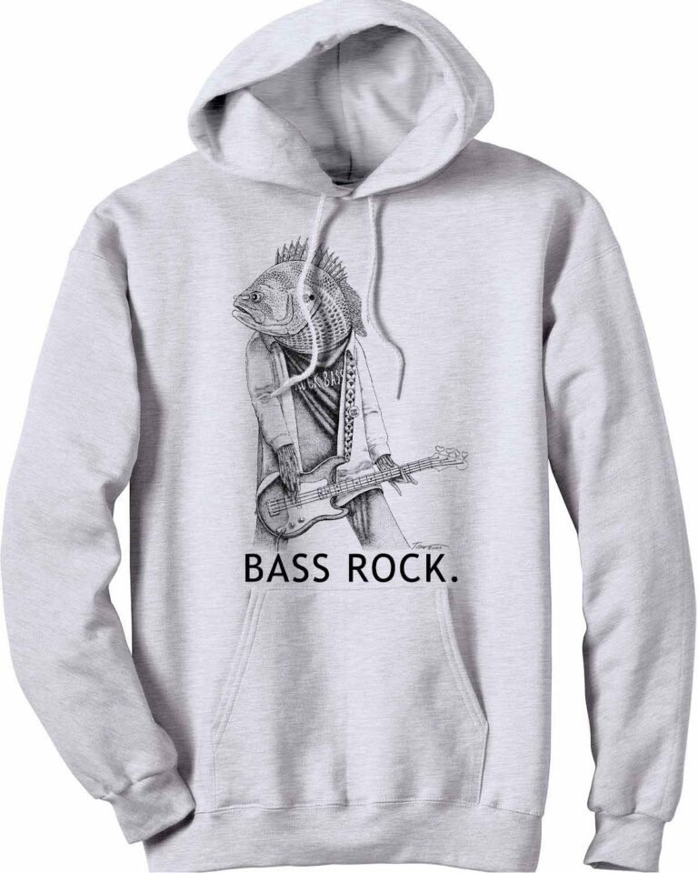 Grey hooded sweatshirt with fish playing bass guitar. Caption: Bass Rock