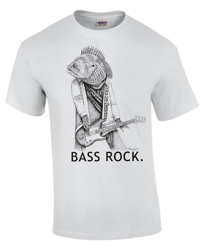 White t-shirt with fish playing bass guitar. Caption: Bass Rock