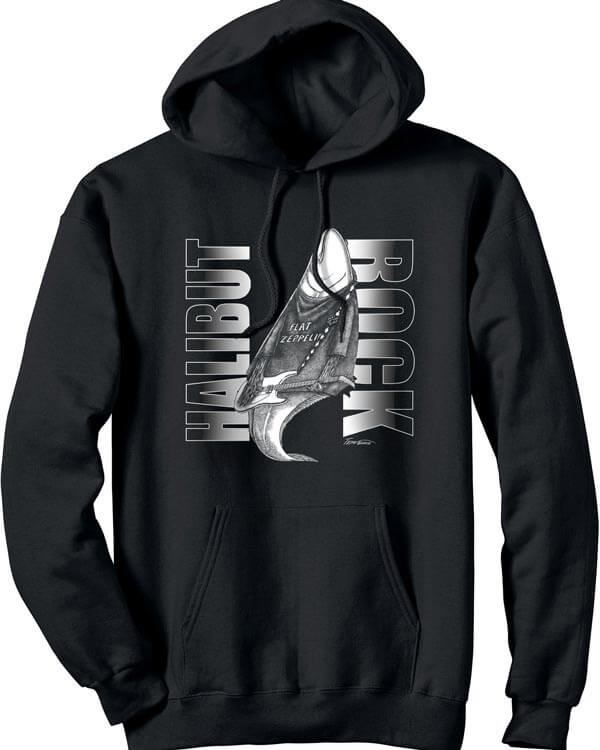 Black hooded sweatshirt with halibut wearing a Flat Zeppelin t-shirt. Caption: Halibut Rock