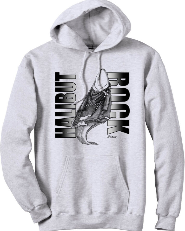 Grey hooded sweatshirt with halibut wearing a Flat Zeppelin t-shirt. Caption: Halibut Rock