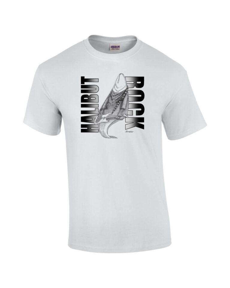 White t-shirt with halibut wearing a Flat Zeppelin t-shirt. Caption: Halibut Rock