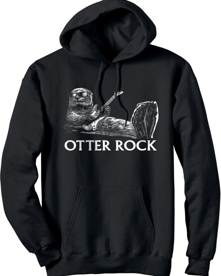 Black hooded sweatshirt with otter wearing sunglasses, floating on his back playing guitar. Caption: Otter Rock