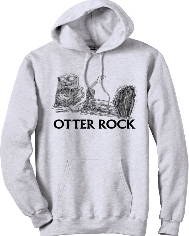 Grey hooded sweatshirt with otter wearing sunglasses, floating on his back playing guitar. Caption: Otter Rock