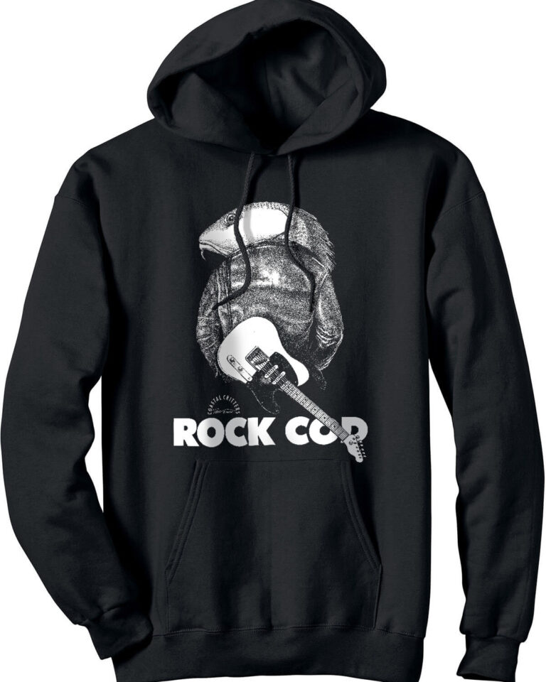 Black hooded sweatshirt with cod wearing a leather jacket. Caption: Rock Cod