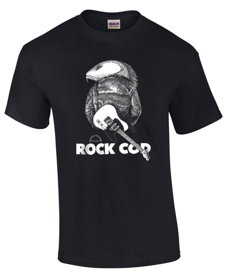 Black t-shirt with cod wearing a leather jacket. Caption: Rock Cod