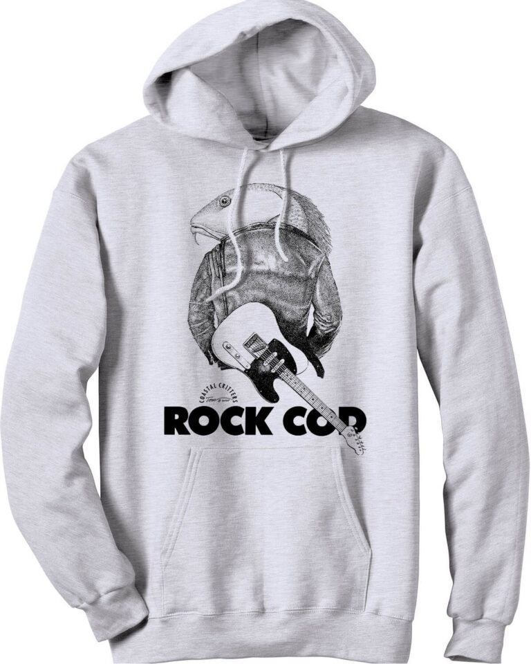 Grey hooded sweatshirt with cod wearing a leather jacket. Caption: Rock Cod