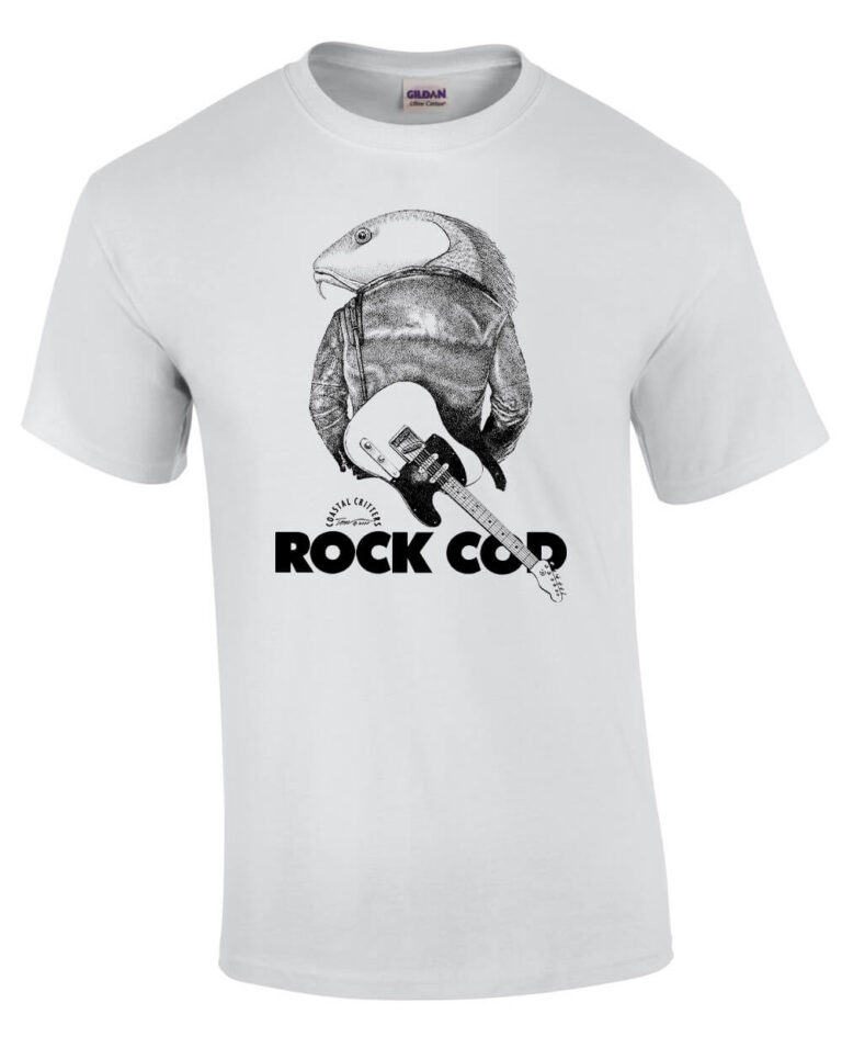 White t-shirt with cod wearing a leather jacket. Caption: Rock Cod