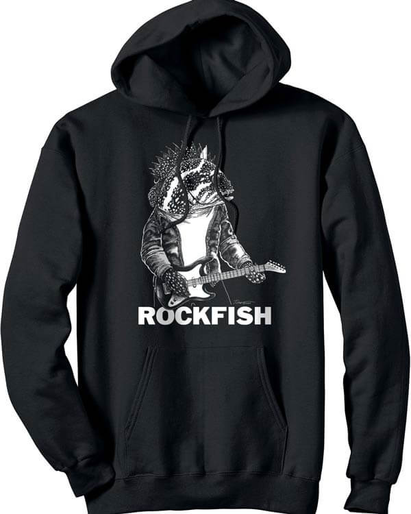 Black hooded sweatshirt with rockfish playing guitar. Caption: Rockfish