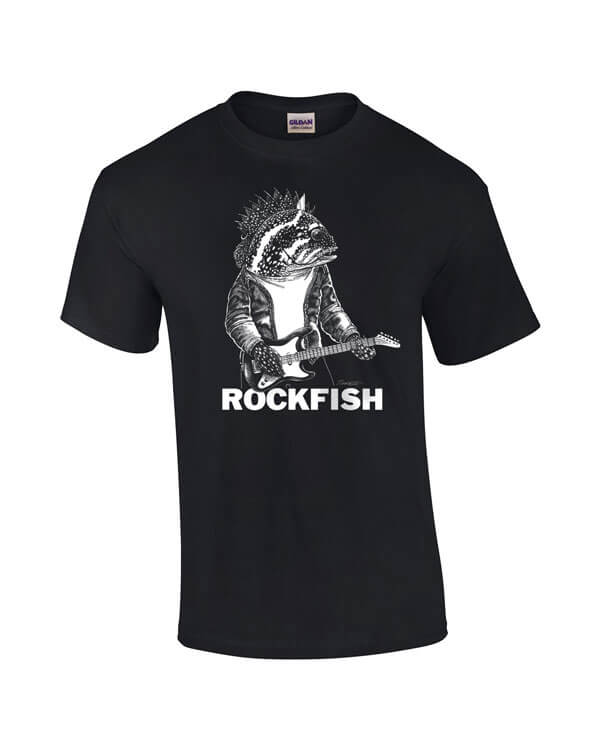 Black t-shirt with rockfish playing guitar. Caption: Rockfish