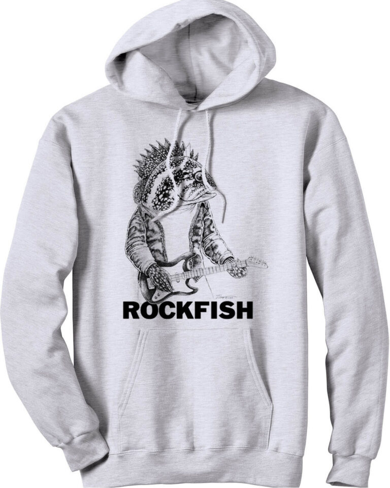 Grey hooded sweatshirt shirt with rockfish playing guitar. Caption: Rockfish