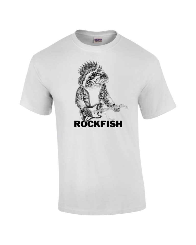 White t-shirt with rockfish playing guitar. Caption: Rockfish